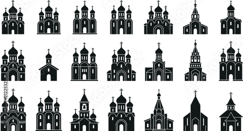 Eastern Orthodox Church and Cathedral Building Silhouette Icon Set Featuring Slavic Architecture With Onion Domes, Spires, Crosses, and Christian Religious Landmarks