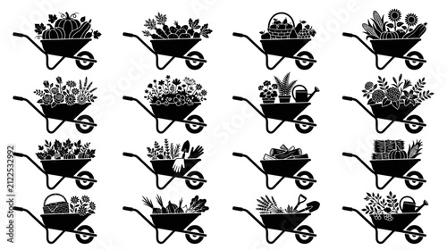 Obraz na płótnie Gardening Wheelbarrow Icons with Seasonal Produce and Flowers