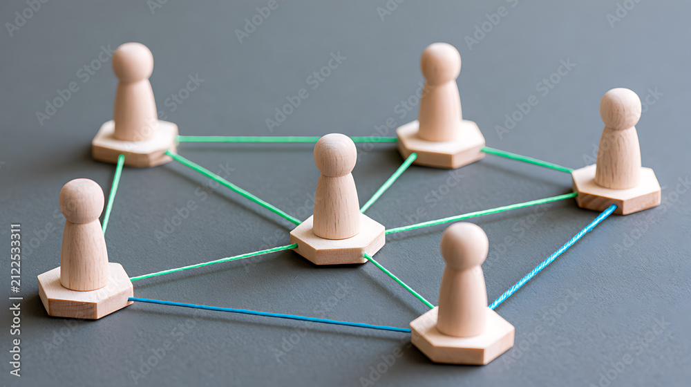 Obraz premium Abstract Representation of a Network: Wooden Figurines Connected by Threads on a Gray Surface, Symbolizing Connection, Teamwork, and Social Linkage