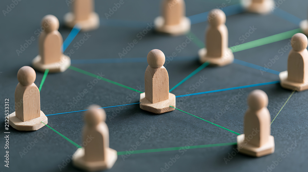 Obraz premium Abstract Representation of Business Connections and Teamwork: Wooden Figures Linked by Colorful Threads on a Dark Surface