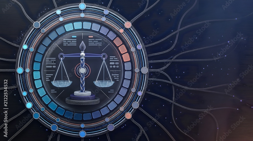 Fototapeta premium Complex Legal Framework Infrastructure Concept with Mechanical Scale of Justice and Network Cables