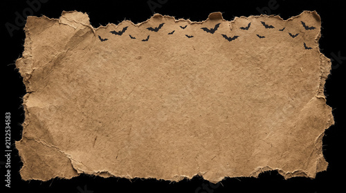 Torn craft paper background with bats. Halloween parchment texture with ragged edges.