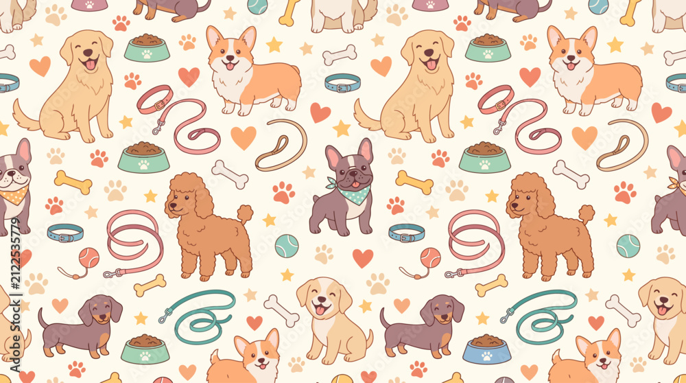 Fototapeta premium Cute Seamless Pattern with Different Dog Breeds and Pet Accessories