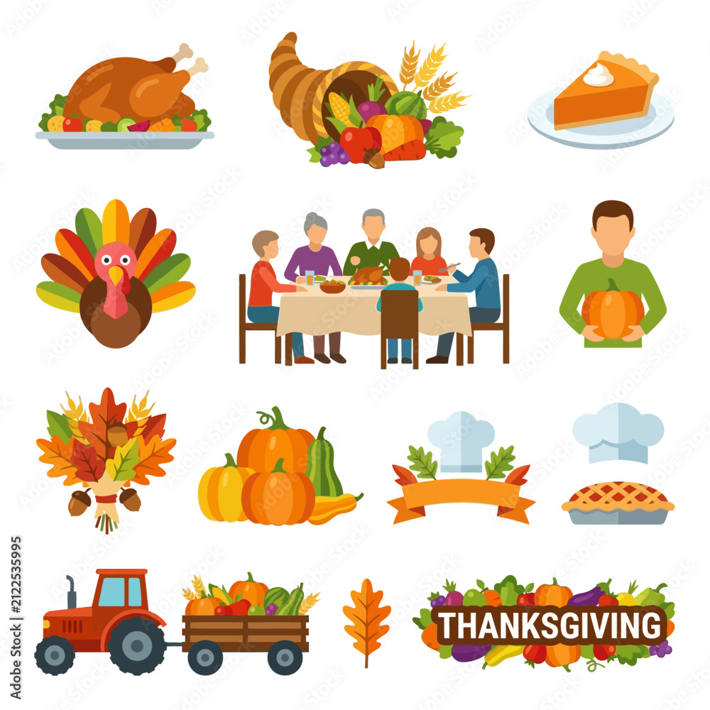 Fototapeta premium thanksgiving holiday celebration seasonal icons set depicting autumn harvest family dinner and traditional food for festive designs