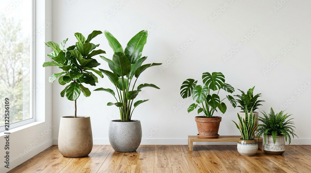 Fototapeta premium Indoor houseplants collection in modern minimalist room, natural light