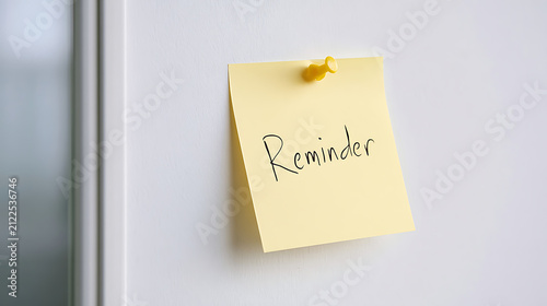 Bright yellow sticky note with 'Reminder' handwritten on it, affixed to a clean white surface with a yellow pushpin, conveying a sense of organization