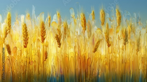 Rows of glass wheat reflect light in a golden field, highlighting the harvest activity in full swing. The sun casts a warm glow across the scene.