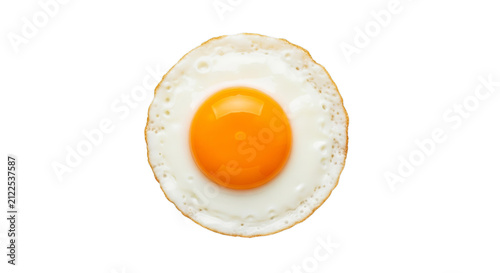 Fried egg cooked sunny side up presents a bright yellow yolk surrounded by firm white albumen edges.