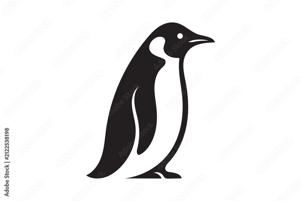 Fototapeta premium A clean, vector-style black and white silhouette icon of a penguin standing in profile against a plain white background.