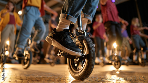 A multicultural group of unicyclists in a luxury indoor performance venue practice formation routines, honeycomb-patterned flooring tiles underfoot catching golden rehearsal light, circus arts profe