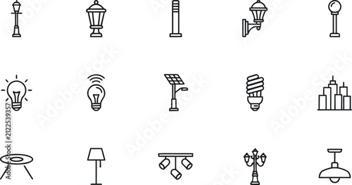 Set of black and white lighting icons representing various types of lamps and home interior light fixtures