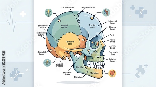 Anatomical diagram of the human skull with color coded bone labels