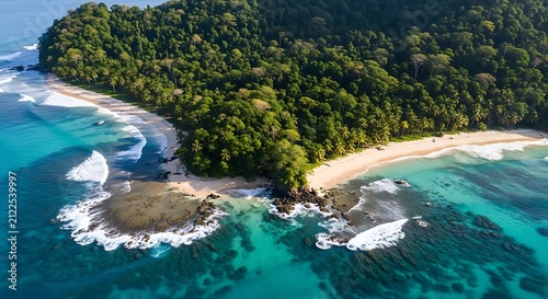 Aerial view of tropical island coastline with turquoise water.