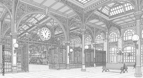 Vintage architectural interior of a classic grand train station.