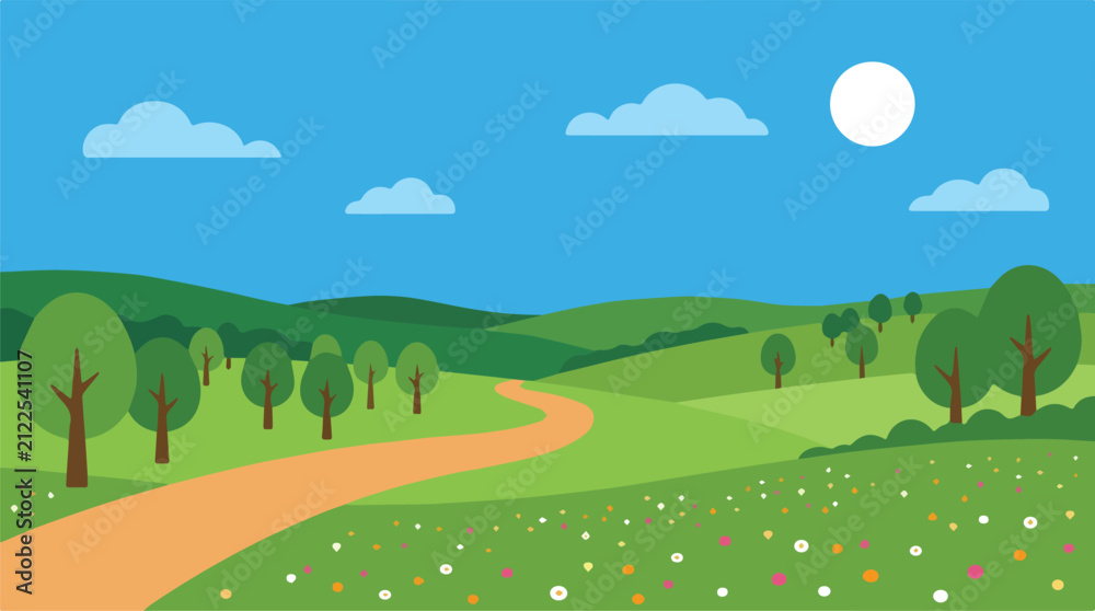 Fototapeta premium Beautiful spring nature vector background with rolling hills and path