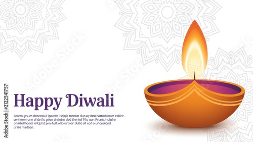 Happy Diwali Minimalist vector illustration of a single orange diya lamp with a bright flame on a soft white background with mandala for Diwali