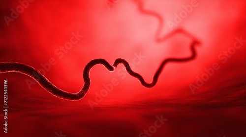 Abstract red background with a dark, sinuous, worm-like shape, possibly representing a microorganism, pathogen, or internal bodily structure within a vibrant, intense field