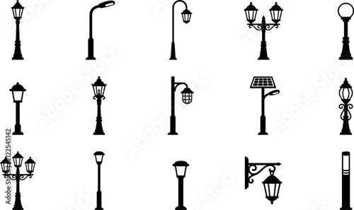Photography Set of black silhouette icons representing various styles of street lamps and ou