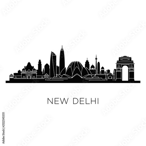 New Delhi Skyline Silhouette: Black and White Illustration