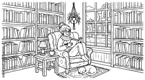 Student woman reading in vintage library interior with cat coloring book for adults.