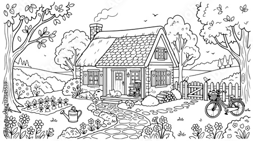 Countryside cottage garden with vegetable patch and bicycle line art coloring page.