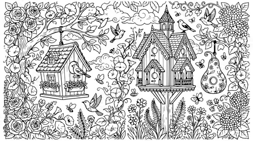 Intricate garden birdhouse coloring page featuring birds blooming roses and flowers.