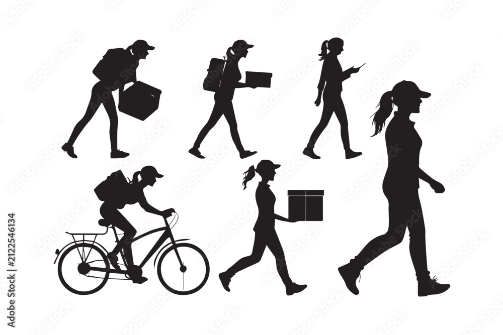 Obraz premium Silhouettes of delivery women with packages and a bicycle isolated on white background