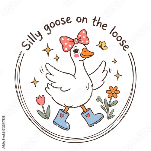 Cute silly goose illustration with a bow and boots for kids design featuring flowers and stars in a circular frame style isolated on transparent background