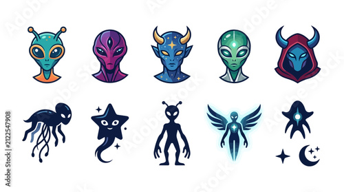 Cartoon aliens set in vibrant colors, extraterrestrial beings, vector icons