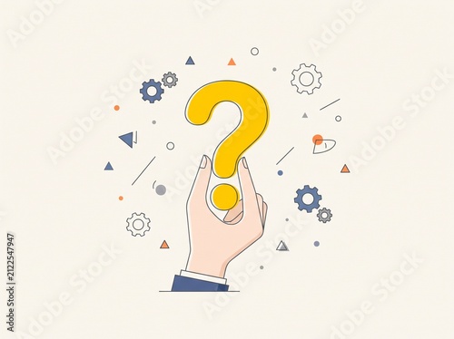 
​A hand holding a yellow question mark surrounded by gears and geometric shapes, symbolizing problem-solving, inquiry, and searching for answers.
