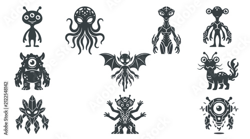 Set of Alien Characters Illustrations, Black and White Vector Graphic