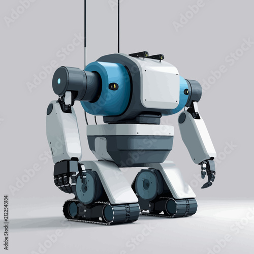 Futuristic robot with tank treads and blue accents on a neutral background.