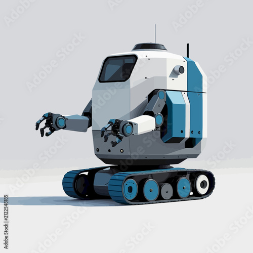 Futuristic robot with treads and articulated arms on a white background.