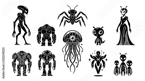 Set of cartoon alien creatures in black and white silhouette