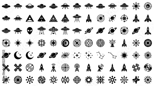 Space Icons Set: Alien, Planets, Satellites, Rockets, Graphic Elements