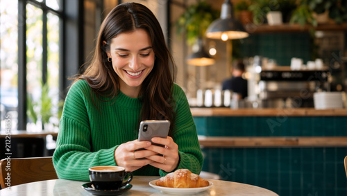 Smiling young woman using smartphone in cafe. Happy female reading message on mobile phone while drinking coffee and eating croissant