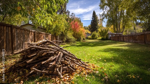 Vibrant Autumn Yard with Wood Pile and Fallen Leaves by a Wooden Fence, Bright Green Grass, and Colorful Trees Under a Sunny Sky, Ideal for Seasonal Themes
