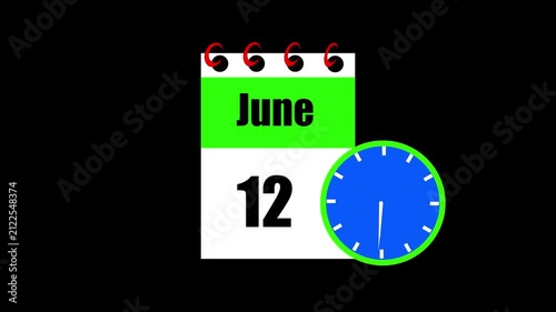 June month 12 date calendar icon animation. Animated Calendar Icon Showing Date Change with Clock Symbol Appointment Scheduling and Deadlines. Modern design calendar symbol background 4k video.