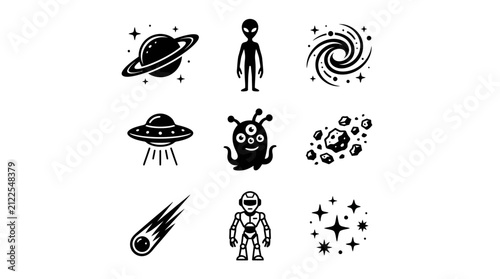 Space Icons Set: Aliens, Planets, Galaxy, and Astronauts in Black and White