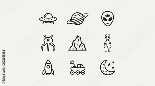 Space Icons Set: Aliens, Planets, Rocket, Spaceship, Moon.
