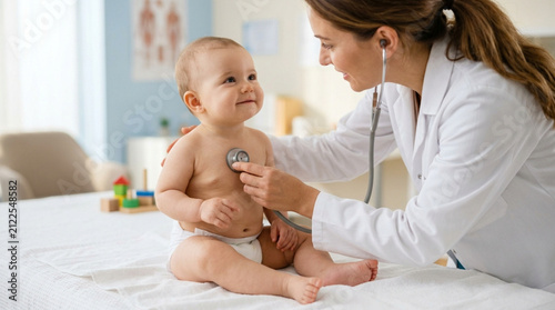 Pediatrician examines smiling baby with stethoscope in bright medical office