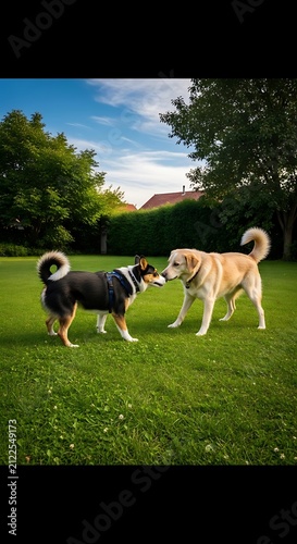 Two dogs playfully running together in a green park.