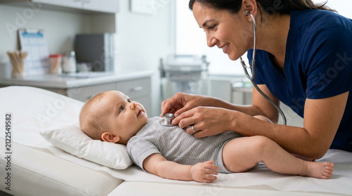 Pediatrician examining a baby with stethoscope in clinic examination room.