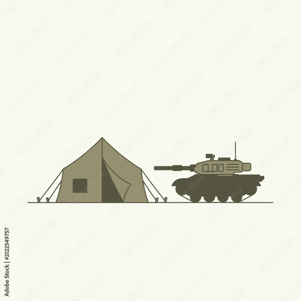 Obraz premium Military Tent and Tank - Vector Illustration