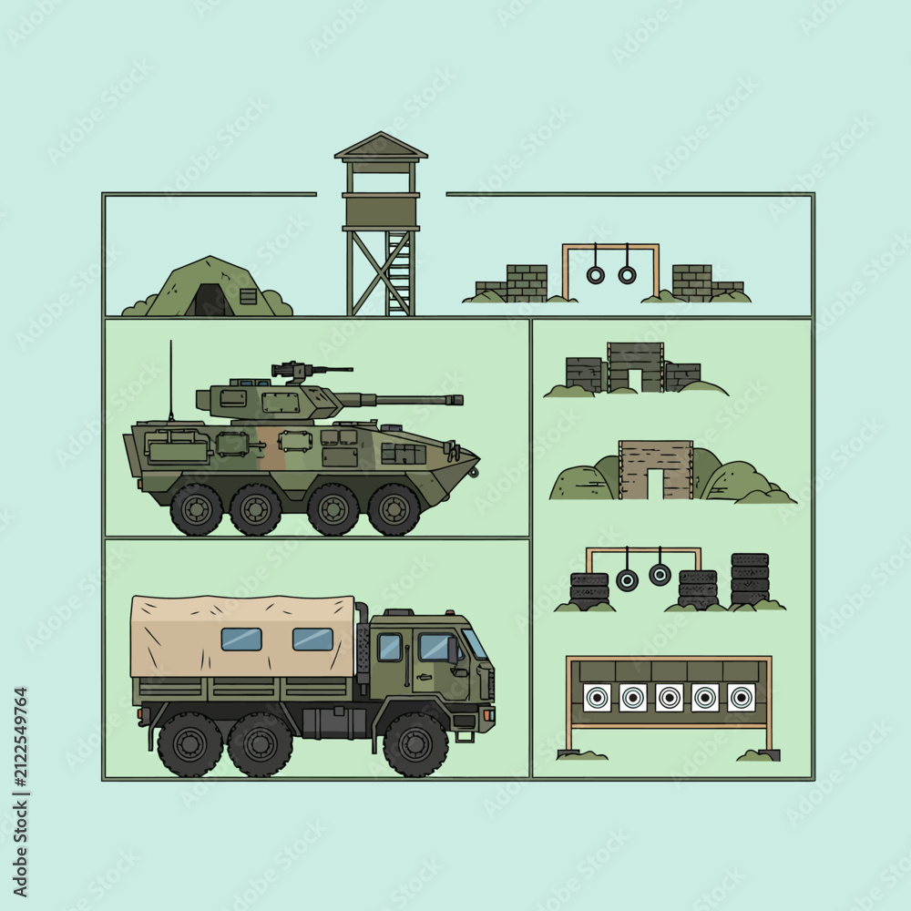 Obraz premium Military Training Base Elements: Tank, Truck, Guard Tower, Targets & Bunker