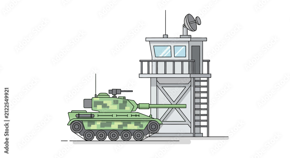 Obraz premium Military tank near tower, vector illustration