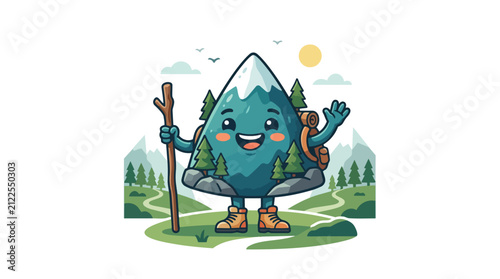 Cute cartoon mountain character hiking with backpack and wooden staff.