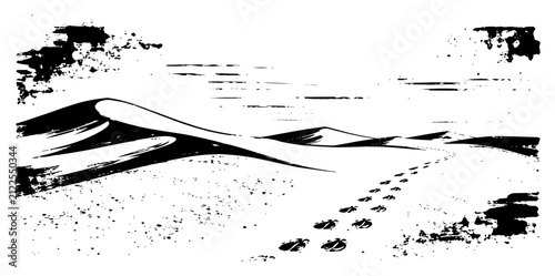 Desert landscape with sand dunes and footprints under clouds in minimalist ink style