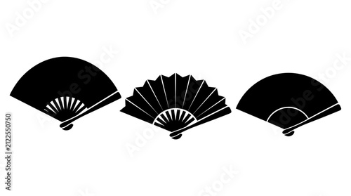 Three black folding fan silhouettes in various open angles.