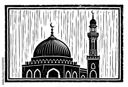 Islamic mosque building with large dome and minaret tower in linocut engraving style